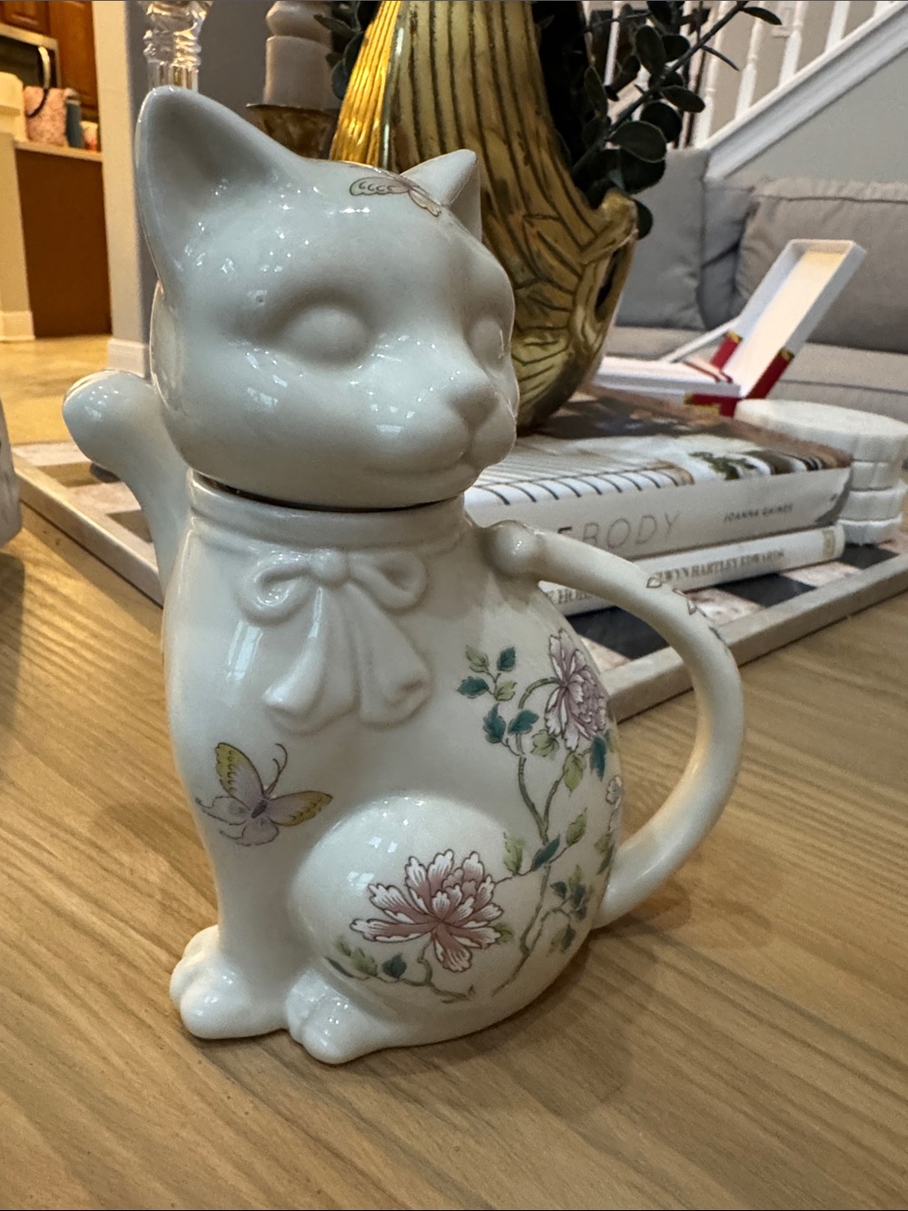 White Floral Cat Ceramic Teapot with Butterfly Accent